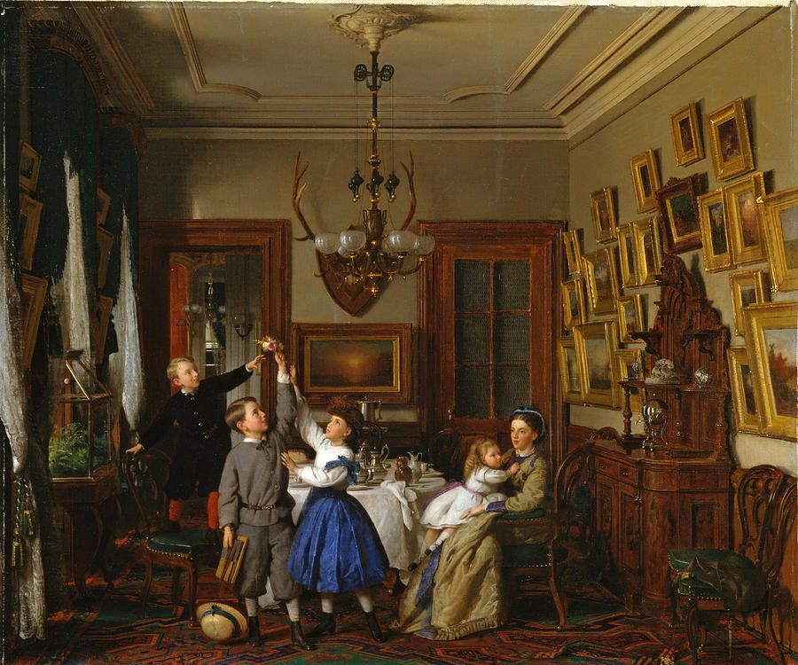 The Contest for the Bouquet. The Family of Robert Gordon in Their New York Dining-Room Painting by Seymour Joseph Guy