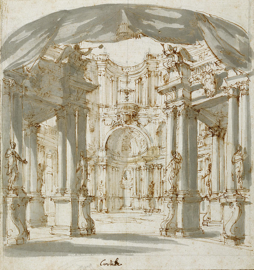 Pen Drawing - The Courtyard Of A Palace Project For A Stage Filippo by Litz Collection