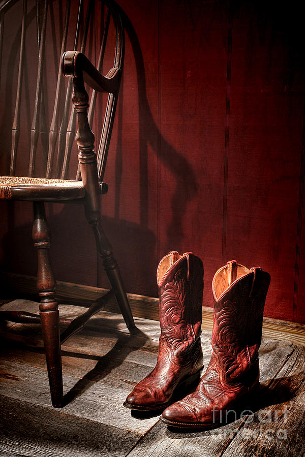 Boot Photograph - The Cowgirl Boots and the Old Chair by Olivier Le Queinec