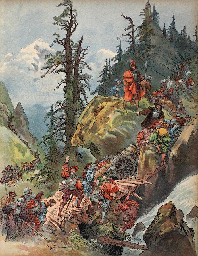 Mountain Drawing - The Crossing Of The Alps, Illustration by Albert Robida