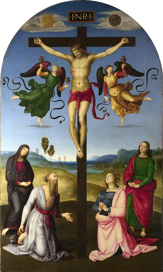 The Crucified Christ with the Virgin Mary Saints and Angels .The Mond Crucifixion Painting by Raphael