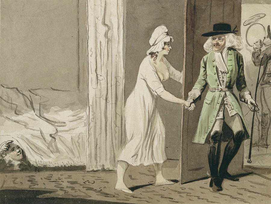 Bed Drawing - The Cuckold Departs For The Hunt by Isaac Cruikshank