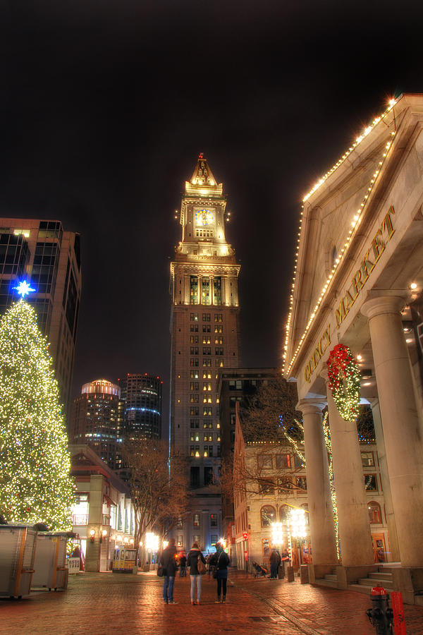 Christmas Photograph - The Custom House and Quincy Market - Boston by Joann Vitali