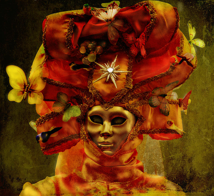 Halloween Photograph - The Dame of butterflies Golden Venetian mask with elaborated turban by Luisa Vallon Fumi