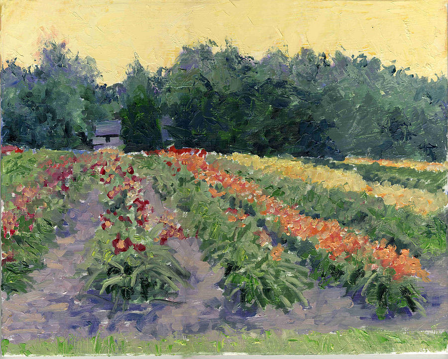 Day Lilies Painting - The Day Lily Farm Crimson and Orange by David Zimmerman