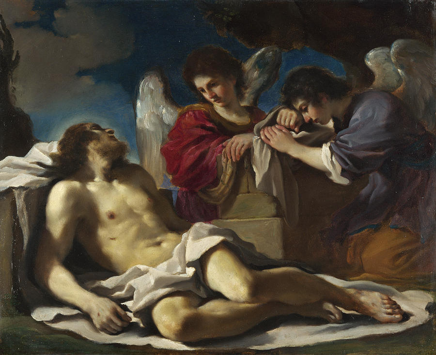 The Dead Christ mourned by Two Angels Painting by Guercino