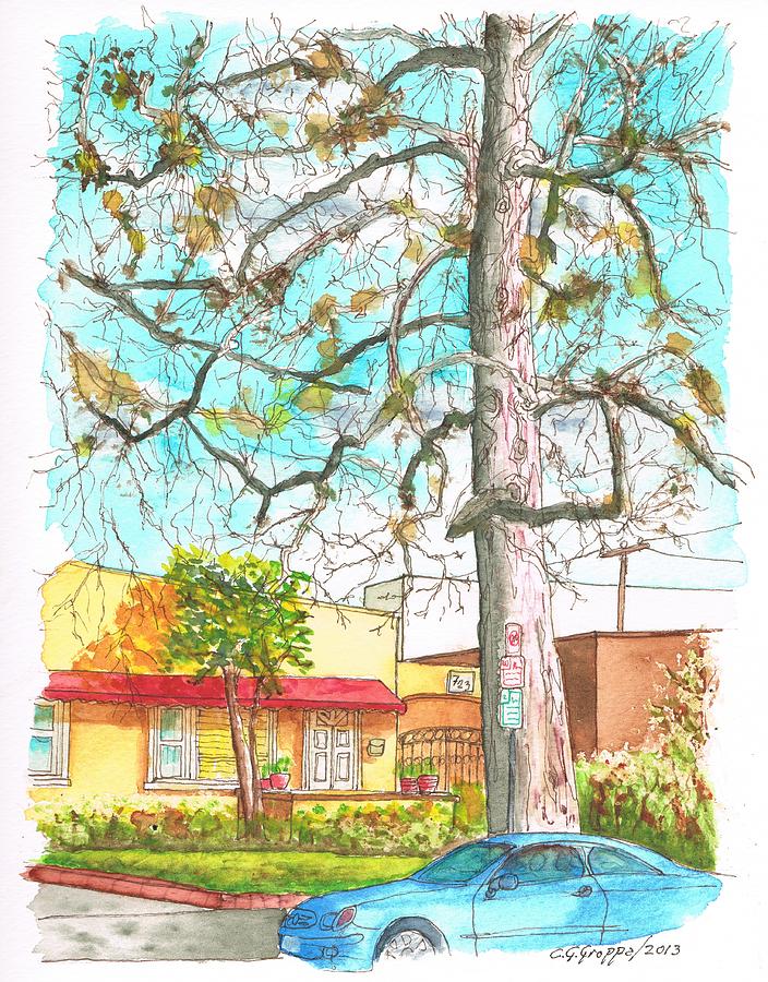 The dry tree in the yellow house - Hollywood - California Painting by Carlos G Groppa