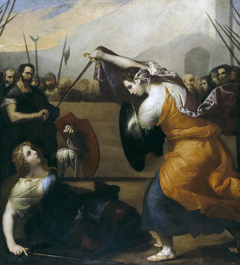 The Duel of Isabella de Carazzi and Diambra de Pottinella Painting by Jusepe de Ribera