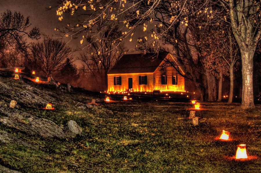 The Dunker Church n Flames-A1 - Antietam National Battlefield Memorial Illumination Photograph by Michael Mazaika
