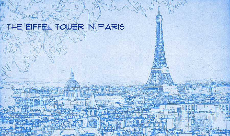 Buildings Digital Art - The Eiffel Tower in Paris - BluePrint Drawing by MotionAge Designs