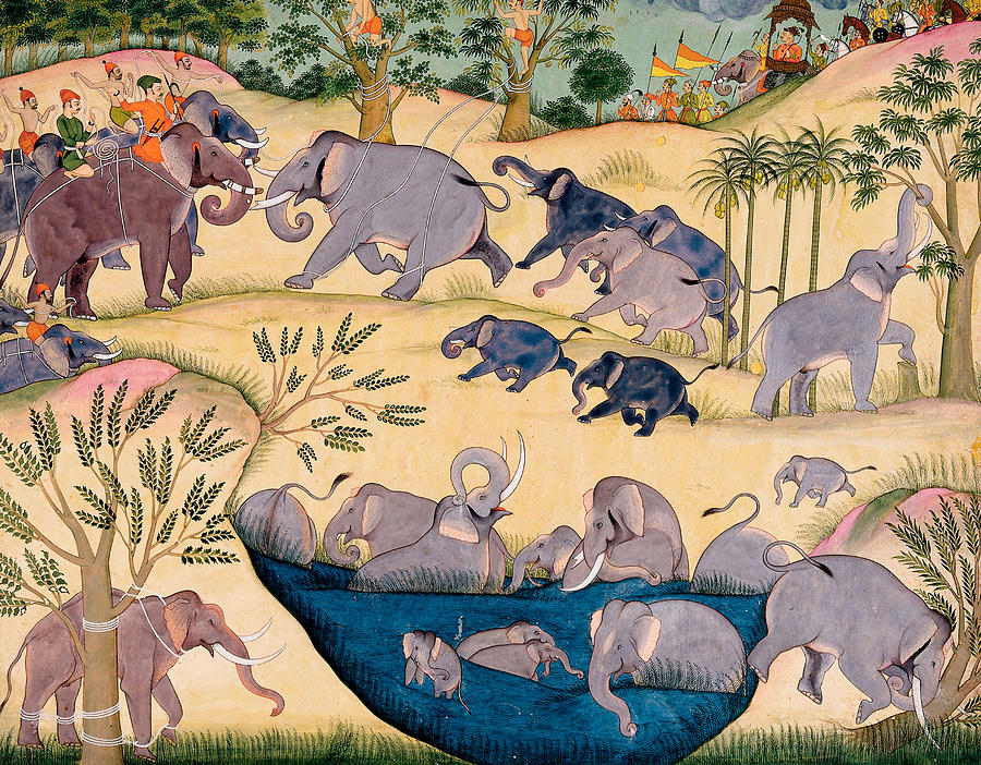 Tree Painting - The Elephant Hunt by Indian School
