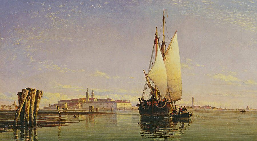 Sunset Painting - The Euganean Hills and the Laguna of Venice - Trabaccola Waiting for the Tide Sunset by Edward William Cooke