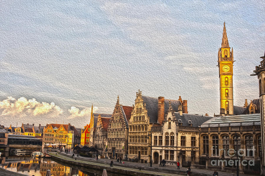 The famous Graslei in Ghent at sunset Digital Art by Patricia Hofmeester