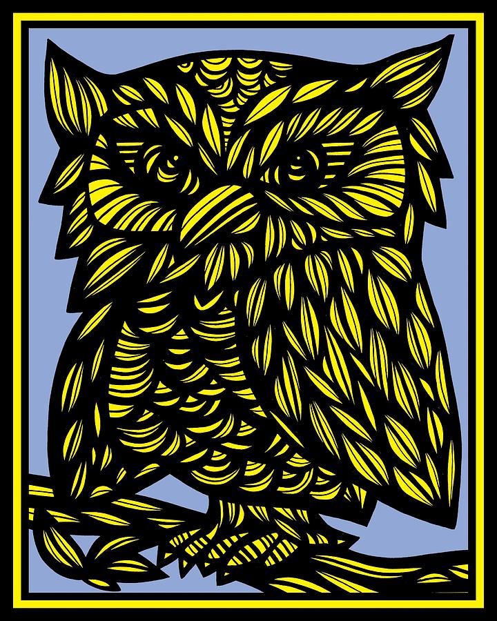 Amweg Owl Yellow Blue Black Drawing by Eddie Alfaro