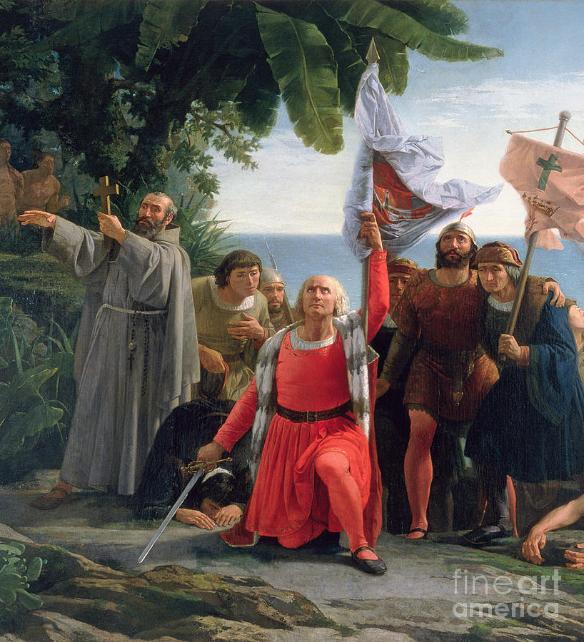 Flag Painting - The First Landing of Christopher Columbus in America by Dioscoro Teofilo Puebla Tolin