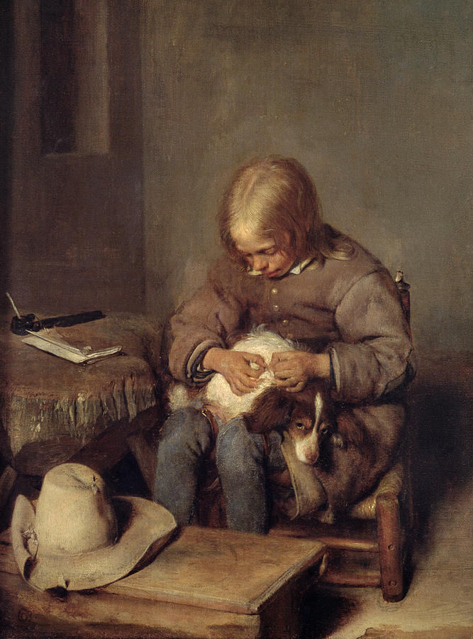 Hat Photograph - The Flea-catcher Boy With His Dog C.1655 Oil On Canvas by Gerard ter Borch or Terborch