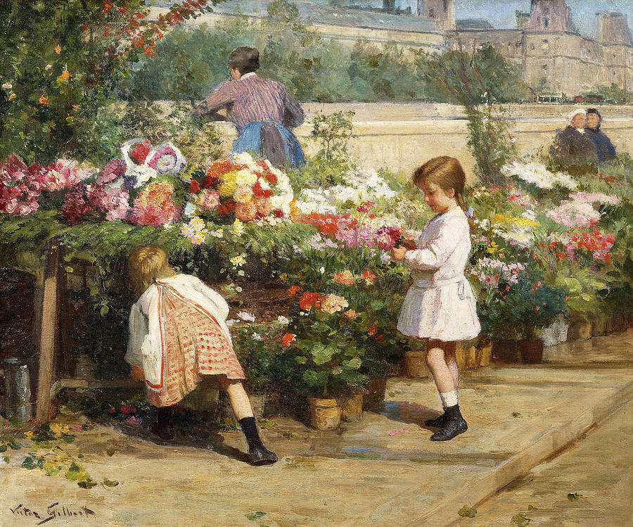 Flower Painting - The Flower Market by the Seine by Victor Gabriel Gilbert
