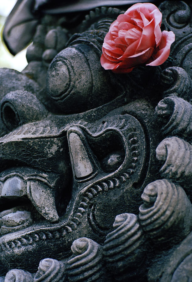 The Carving And The Flower In Bali Photograph by Shaun Higson