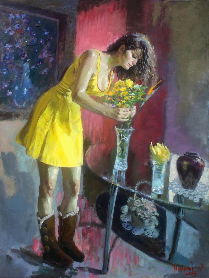 Girl Painting - The Flowers by Ylli Haruni Girl Painting - The Flowers by Ylli Haruni