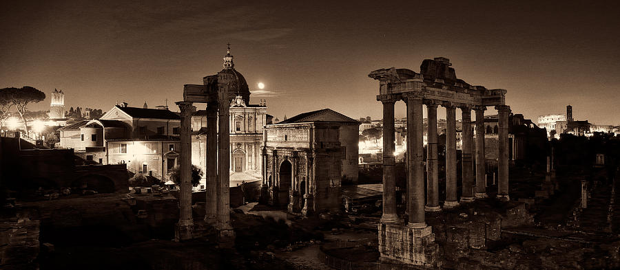 The Forum Temples at Night Sepia Photograph by Weston Westmoreland