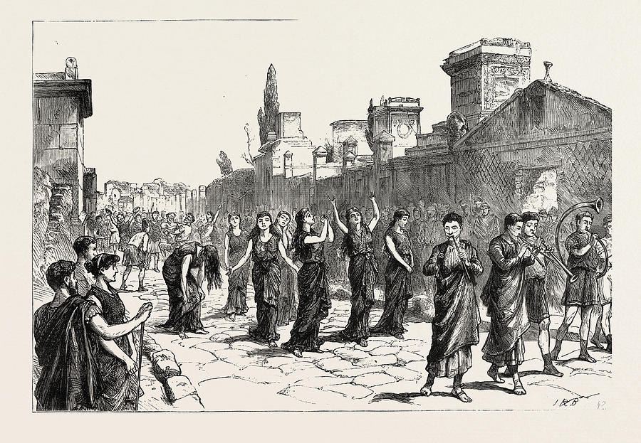 Vintage Drawing - The Funeral Procession In The Strada Delle Tombe Pompeii by English School