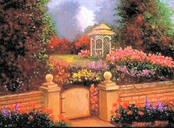 Brick Fence Painting - The Garden Gate by Jeanene Stein