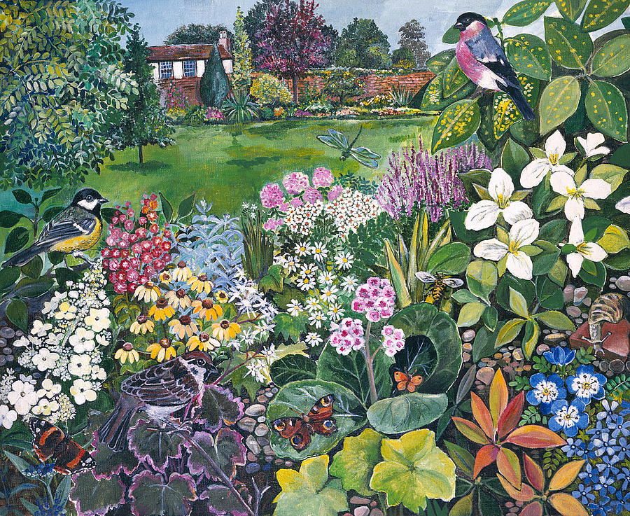 The Garden With Birds And Butterflies Painting by Hilary Jones