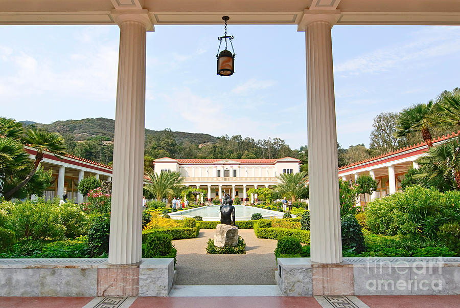Architecture Photograph - The Getty Villa main courtyard view from covered walkway. by Jamie Pham