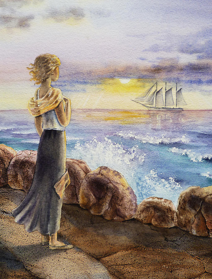 Sunset Painting - The Girl And The Ocean by Irina Sztukowski
