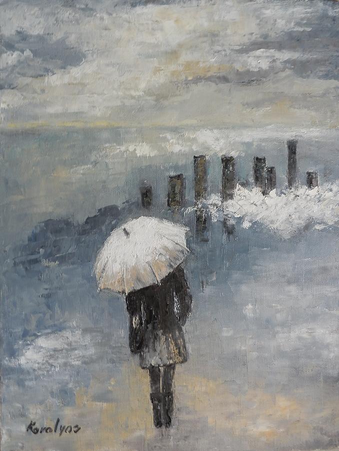 Winter Painting - The girl and the sea by Maria Karalyos