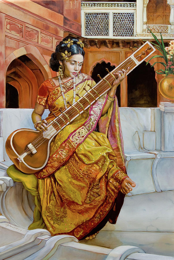The girl with the sitar Painting by Dominique Amendola