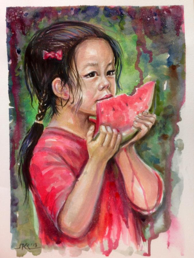The girl with the watermelon Painting by Katerina Kovatcheva