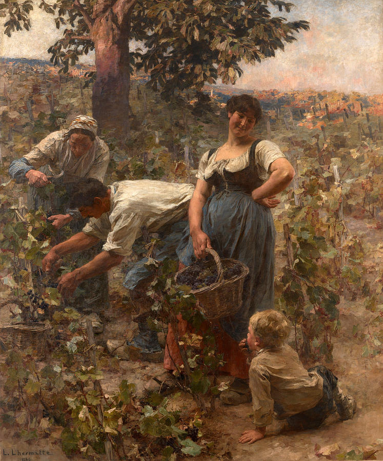 Continental Embossed Leather Painting on Canvas, Grape Harvest