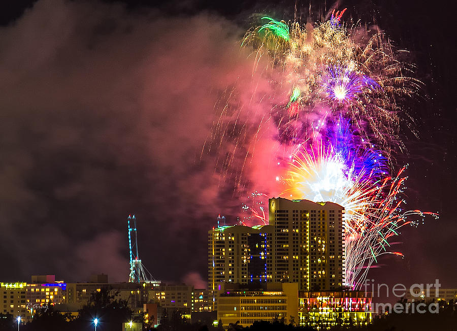 Miami Skyline Photograph - The Great Fireworks Display by Rene Triay FineArt Photos