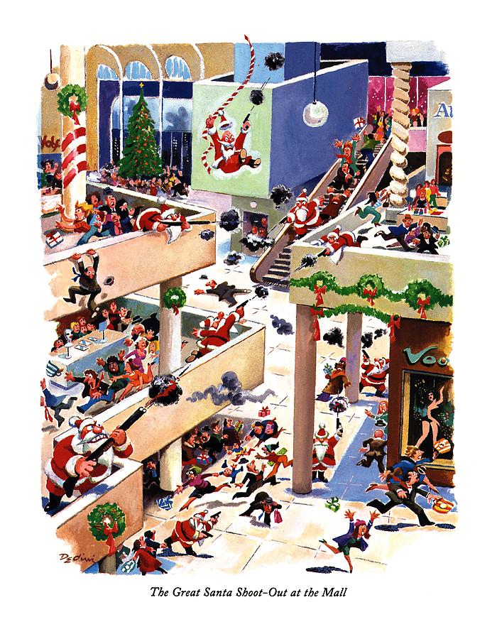 The Great Santa Shoot-out At The Mall Drawing by Eldon Dedini