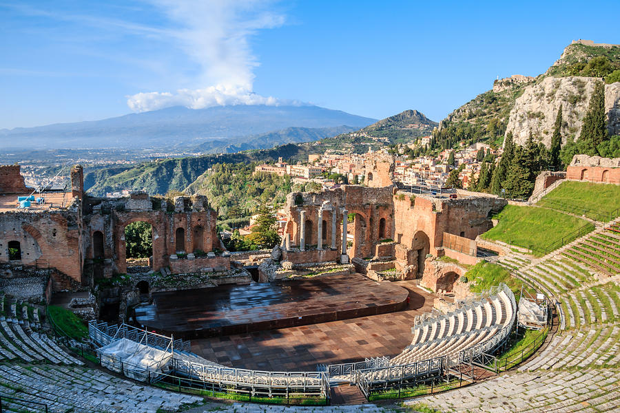 The Greek theatre (Teatro Greco) and Mount Etna, Taormina, Sicily Photograph by Frans Sellies