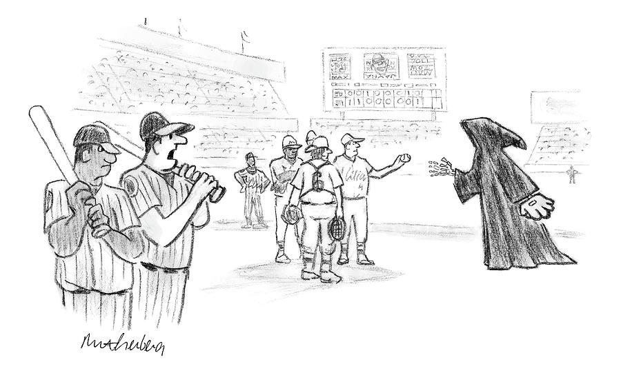 The Grim Reaper Is A Relief Pitcher Drawing by Mort Gerberg The Grim Reaper Is A Relief Pitcher Drawing by Mort Gerberg