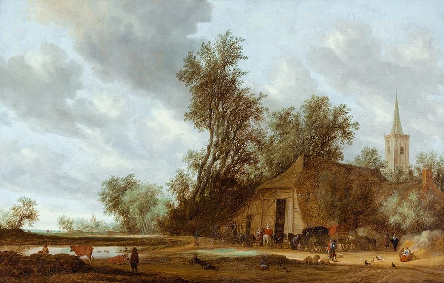 Landscape Painting - The halt at the inn by Salomon van Ruysdael