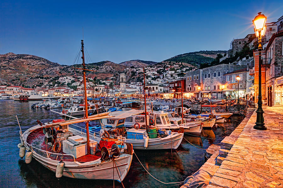 The harbor of Hydra by night - Greece Photograph by Constantinos Iliopoulos