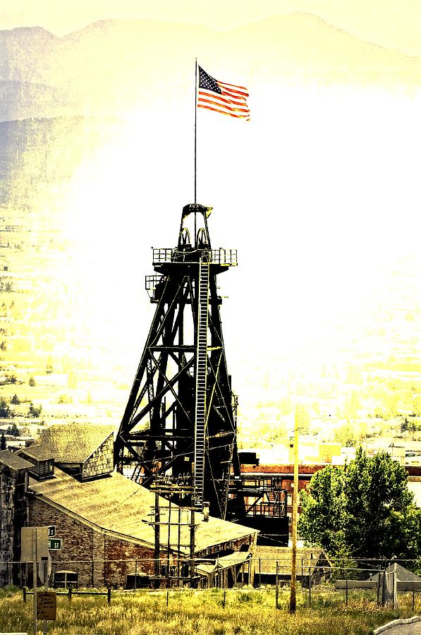 The Head Frame And The Flag Over Butte Photograph