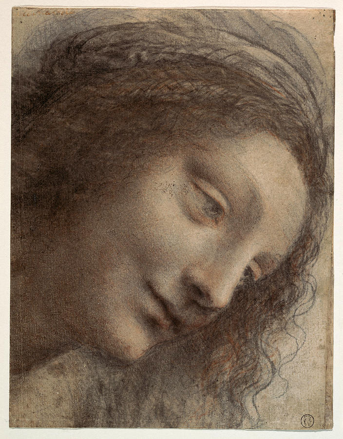 The Head of the Virgin in Three-Quarter View Facing Right Drawing by Leonardo Da Vinci