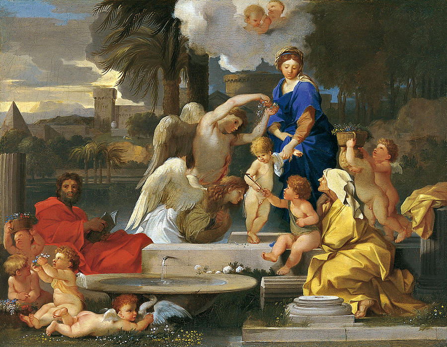 The Holy Family with Saint Elisabeth and the Infant Saint John the Baptist Painting by Sebastien Bourdon