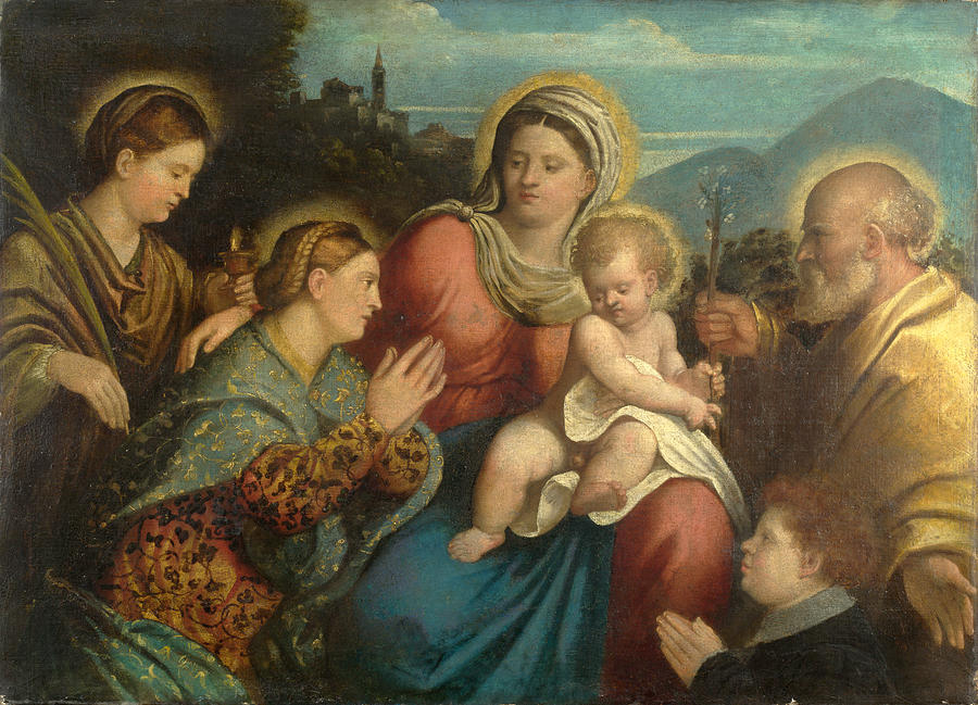 The Holy Family with Saints and a Donor Painting by Giovanni Cariani