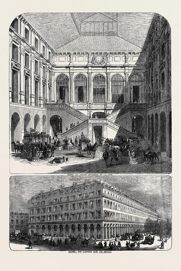 Vintage Drawing - The Hotel Du Louvre Hotel Du Louvre, Rue De Rivoli by English School