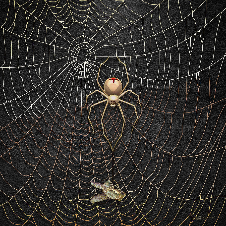 Spider Digital Art - The Hunter and its Pray - A Gold Fly Caught by a Gold Spider by Serge Averbukh