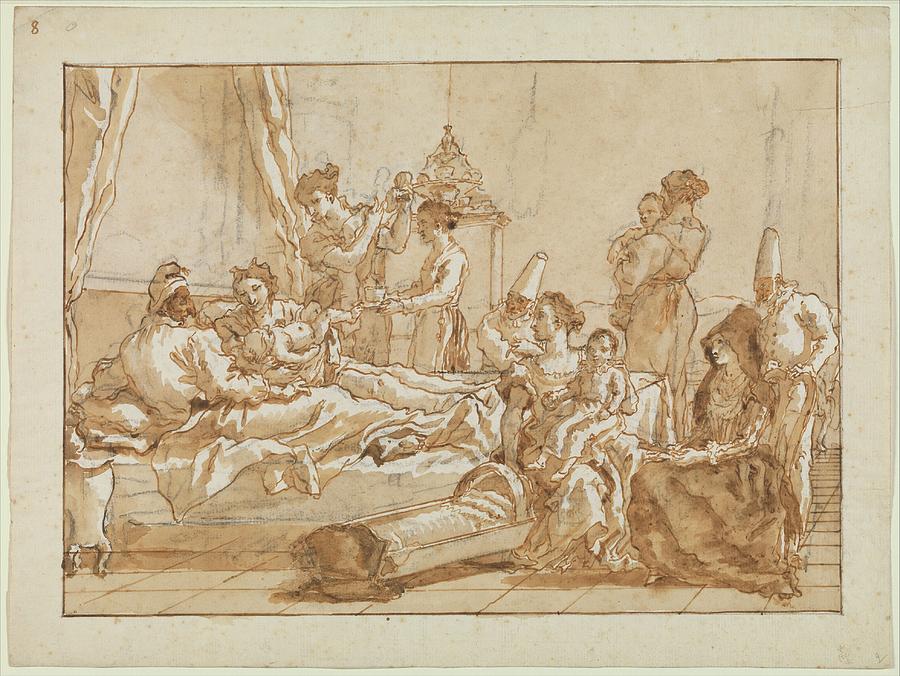 Pen Drawing - The Infant Punchinello In Bed by Giovanni Domenico Tiepolo