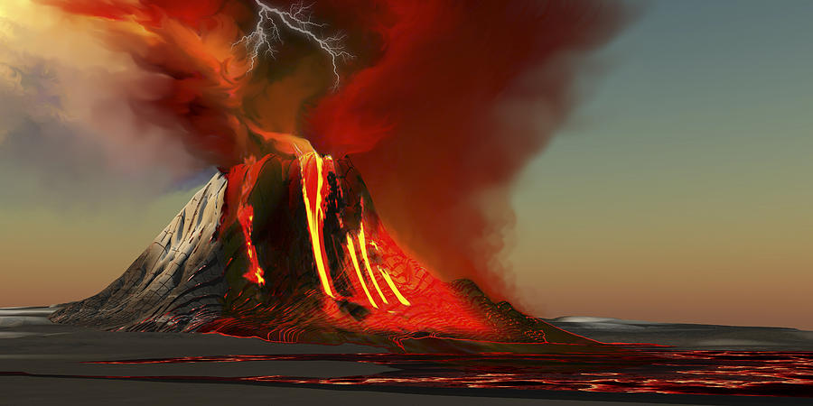 The Kilauea volcano erupts on the island of Hawaii with plumes of fire and smoke. Rivers of lava head to the ocean making new land. Drawing by Corey Ford/Stocktrek Images