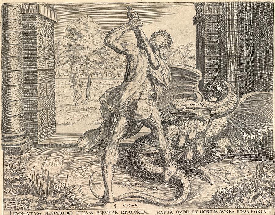 The Labours Of Hercules-4-slaying The Dragon 1563 Drawing by CORT after ...