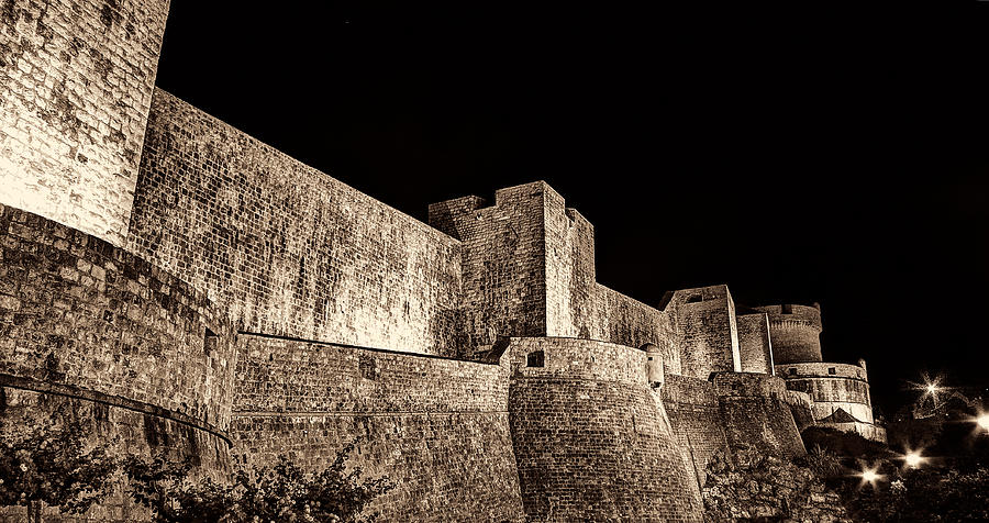 The Landside Walls of Dubrovnik at Night No1 Sepia Photograph by Weston Westmoreland