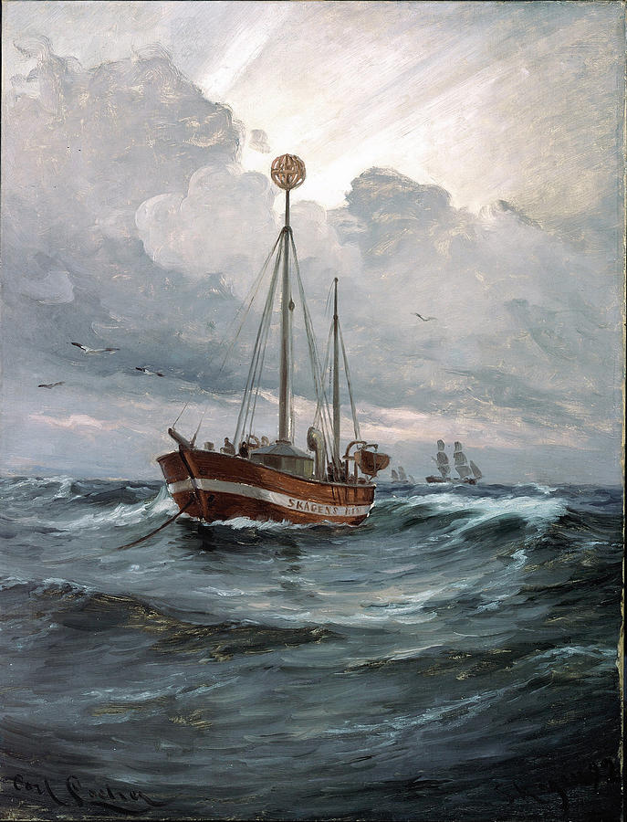 Boat Painting - The lightship at Skagen Reef by Carl Locher